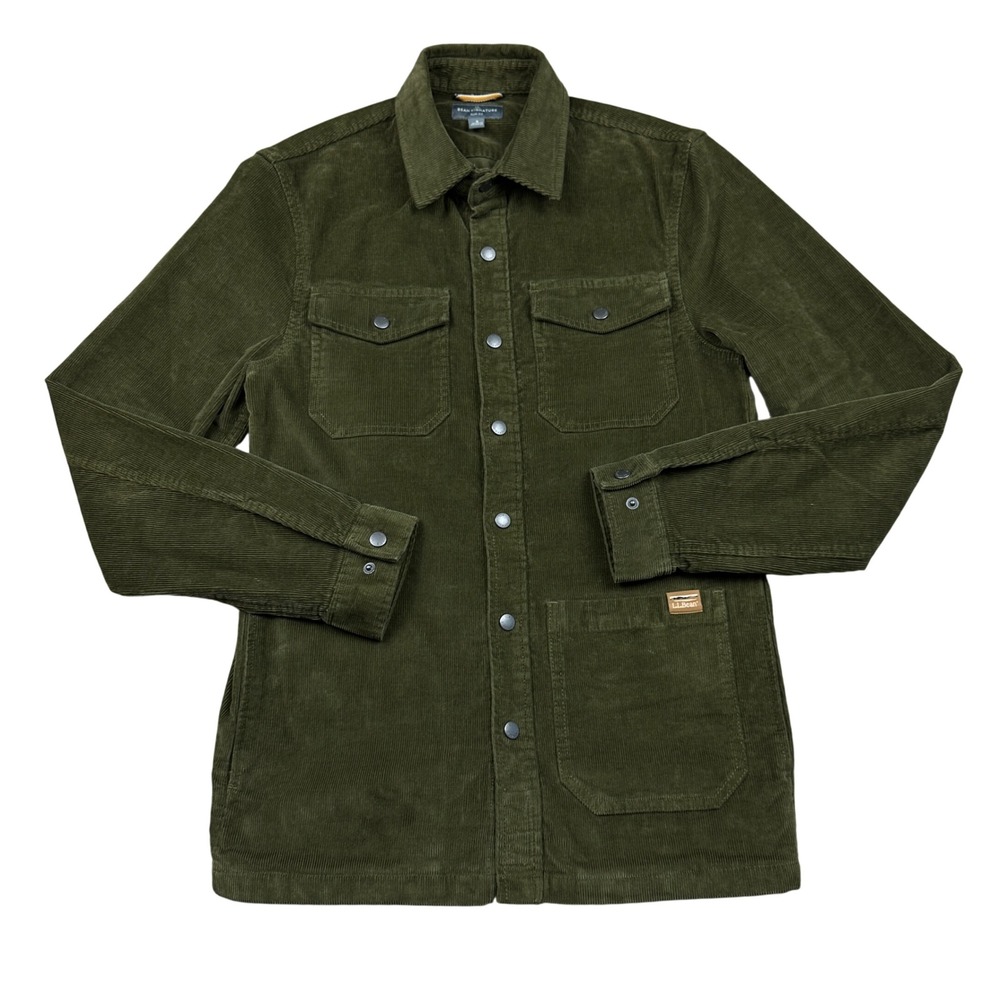 LL Bean Signature Corduroy Shirt Jacket Slim Fit Olive Green Mens Small Shacket